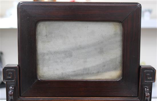 A Chinese rosewood and dreamstone mounted table screen, Qing dynasty, 29.5 x 30cm, one bracket lacking